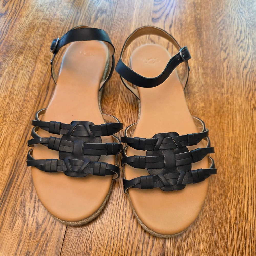 UGG Womens 8 Kari Black Leather Braided Strappy Ankle Strap Espadrille Sandals